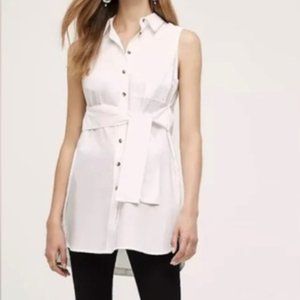 Anthropologie Maeve White Cotton Button Down Shirt Dress with Tie size 2